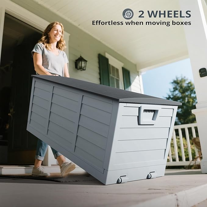 Outvita Foldable 75 Gallon Outdoor Storage Box, Plastic Storage Containers with Lid, Patio Deck Box Furniture for Garden, Pool, Balcony, Yard (Gray Body-Black Lid)