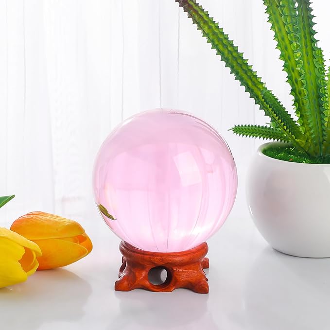 Pink Crystal Ball 100mm/3.9 inch with Rose Wooden Stand and Gift Box for lensball Photography,Fortune Teller,Feng Shui, Witchcraft Decor,Scrying,Magic,Large Quartz Crystal Orb Prop Glass Sphere