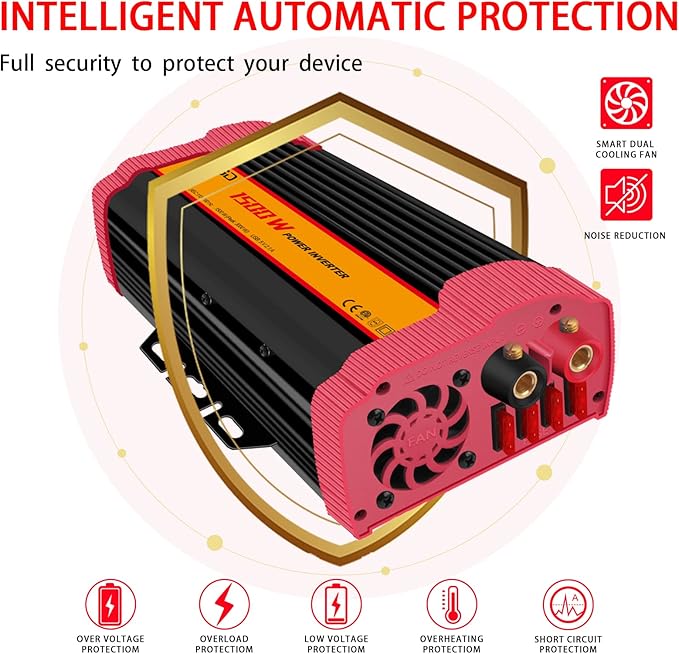 1500W Car Power Inverter DC 12V to AC 110V Car Converter Charger Adapter with Dual Outlets and 4.2A Dual USB Ports DC to AC Power Inverter for Truck Outdoor Home Camping RV Hurricane Emergency Red