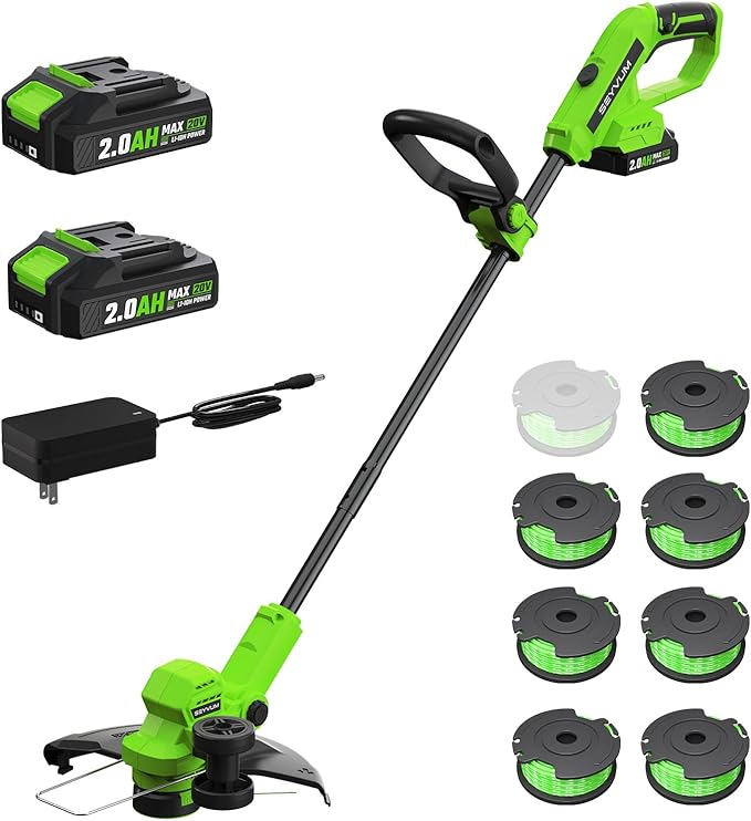 SEYVUM String Trimmer, 20V 12-inch Cordless Weed Wacker with Auto Line Feed, 2 X 2.0Ah Battery Powered Lawn Edger with 8 Pcs Grass Cutter Spool Line, Fast Charger Included, Green