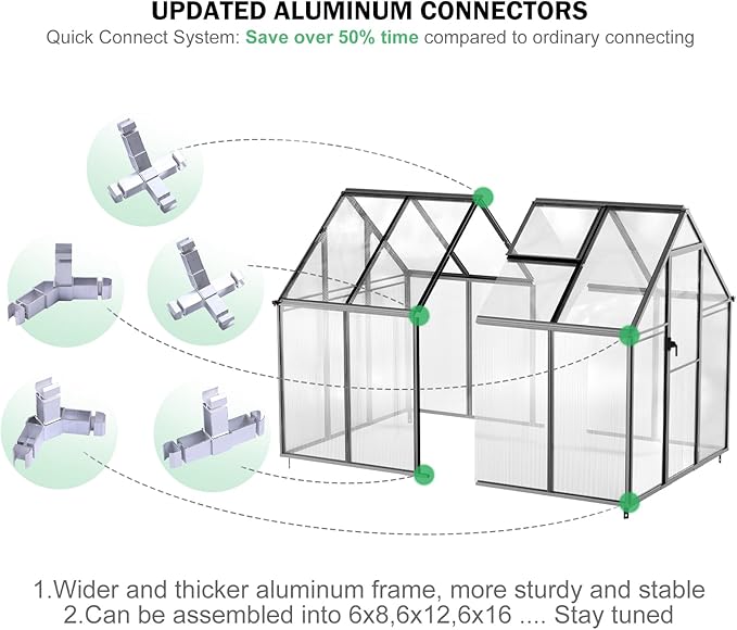 Polycarbonate Greenhouse, 8.2x6.2 FT Easy Assembly Aluminum Heavy Duty Greenhouses for Outdoors w/ Window, Swing Door, Walk-in Green House for Sunroom,Outside, Backyard, Garden, Black