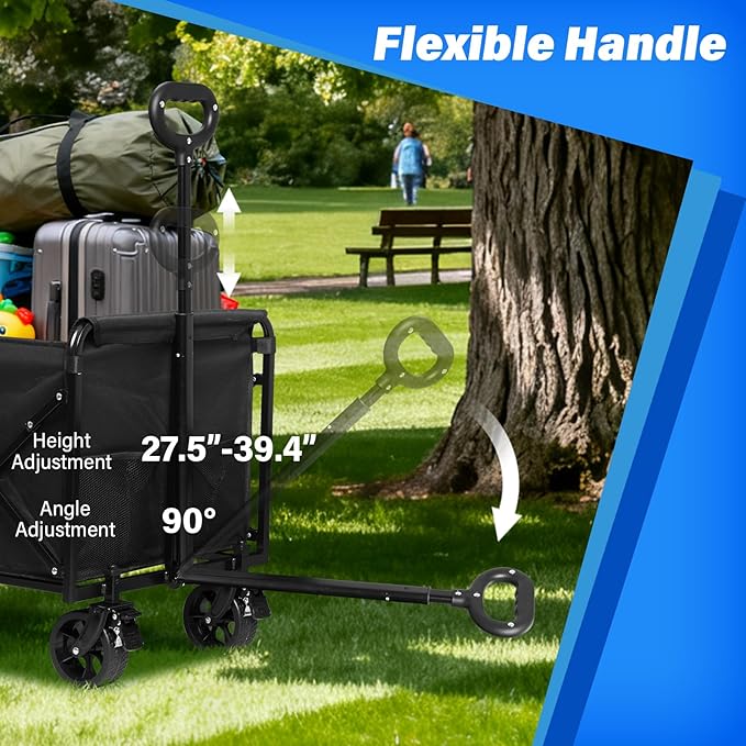 Wagons Carts Foldable, 500 Lbs with Adjustable Handle, Black Lightweight Portable, Collapsible Wagon for Camping, Shopping, Sports, Travel, Garage and Gardening Storage with Drink Holders