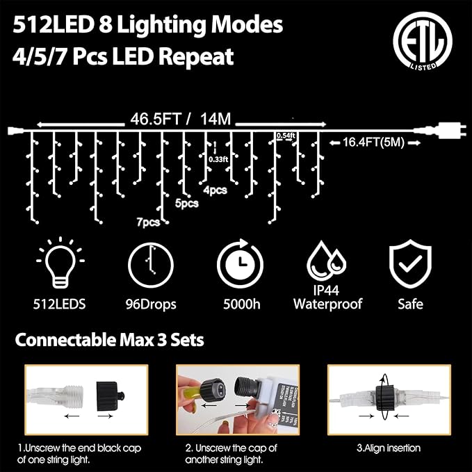 YiYLunneo Halloween Icicle Lights Outdoor, 512 LED 46.5 FT 8 Lighting Modes with Timer & Memory, Curtain Fairy String Lights with 96 Drops for Halloween Decorations Holiday Party Eaves Yard (Purple)