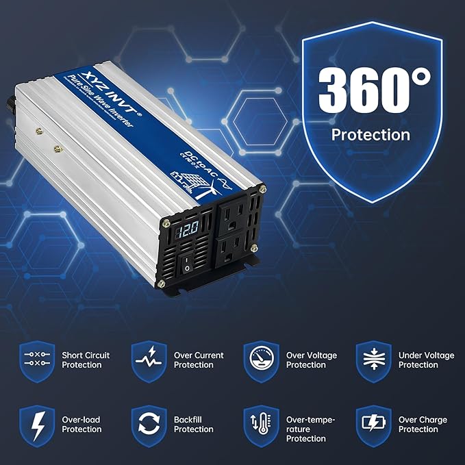 800W Pure Sine Wave Power Inverter DC 12V to AC 110V/120V, 1600W Peak, Car/Truck Power Converter for Solar, Home, Vehicle & Rechargeable Devices with LED Display