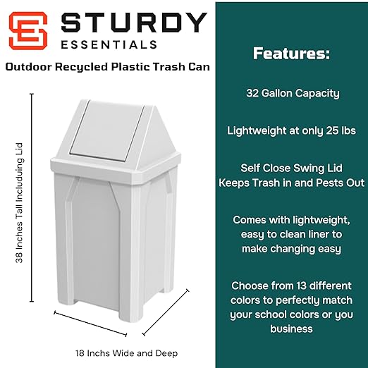 32 Gallon Square 100% Recycled Plastic Heavy Duty Outdoor Commercial Trash Can with Swing Top Lid | Great for Schools and Businesses - White