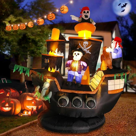 VCUTEKA 7FT Halloween Inflatable Skeletons Ghosts on Pirate Ship Outdoor Decoration, Blow Up Decor with LED Lights for Holiday Party Yard Lawn Inflatables Home Family Outside