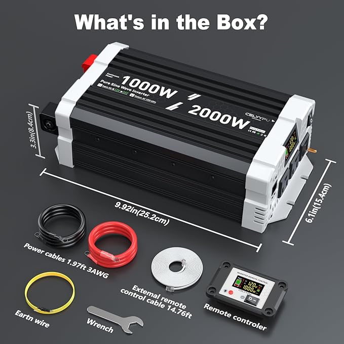1000 watt Pure sine Wave Inverter, 12V DC to 110V AC Power Inverter, Used for Solar Emergency Power Supply in RV Homes, with 3 AC Output sockets, USB Port, Type-C Port, Remote Control with LCD Screen