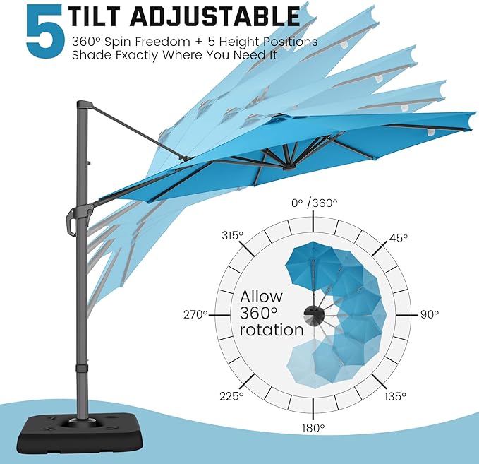 Hotime 10ft Patio Umbrella Outdoor Patio Windproof and Height adjustable, Heavy Duty Aluminum Round Offset Patio Umbrella Cantilever Pool Umbrella with 360°Rotation for Garden Deck Pool, Light Blue