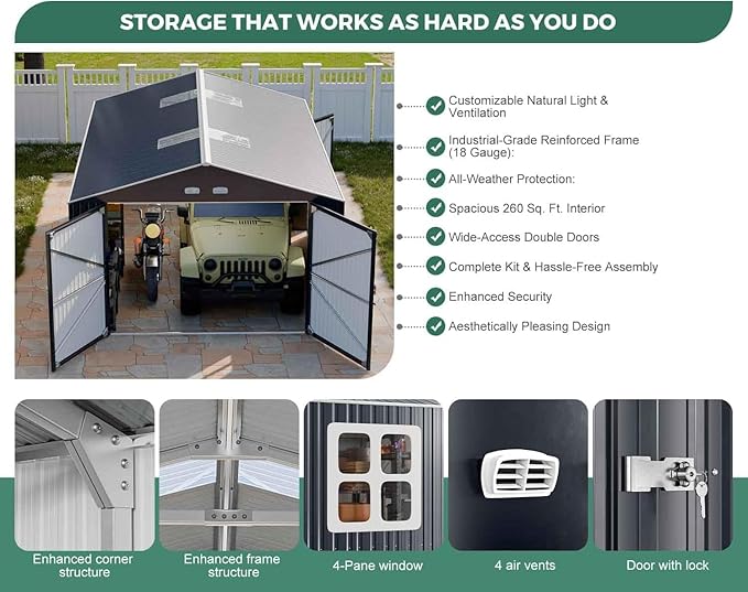 Metal Garage Shed, 13x20x8.5' Large Outdoor Storage Building and Workshop, Weatherproof Steel Carport with Ultra-Reinforced Truss System, Skylights & Dual-Entry