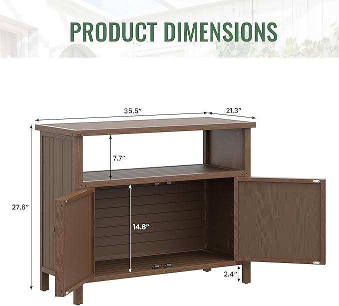Amopatio Outdoor Storage Cabinet - Patio Bar Table with Storage and Shelves - Weather Resistant Sideboard for Patio, Pool, Garden, Indoor, Kitchen - Brown