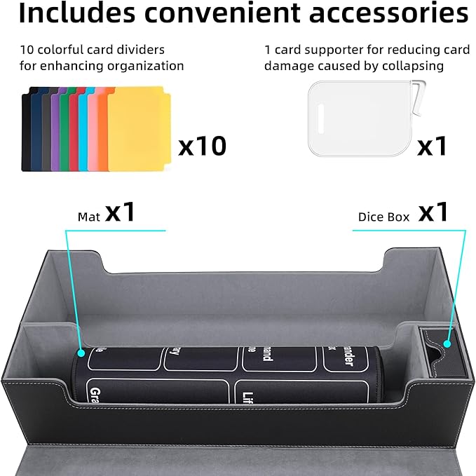 AFIING Mtg Deck Box Holds 5 Display Card Deck Boxes with Mtg Playmat & Dice Box,10 Dividers,1Card supporter, Trading Card Storage Box for Magic Yugioh Sports Cards (Black &Grey)