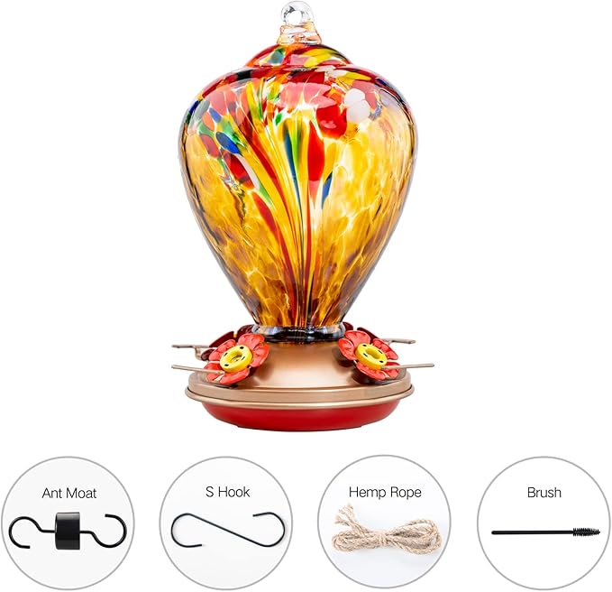 2 Packs Hummingbird Feeder for Outdoors Hanging Ant and Bee Proof, 34OZ 32OZ Hand Blown Glass Hummingbird Feeders for Outside (Yellow & Teal)
