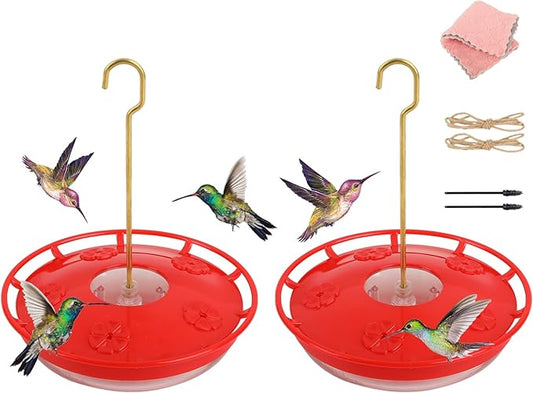 Hummingbird Feeders for Outdoors Hanging - 2 Pack No Leak Humming Bird Feeder, Easy to Clean & Fill, High View Perch, 5 Feeder Ports, Perfect for Hanging on The Tree,Yard. Hanger Incl,14 Oz