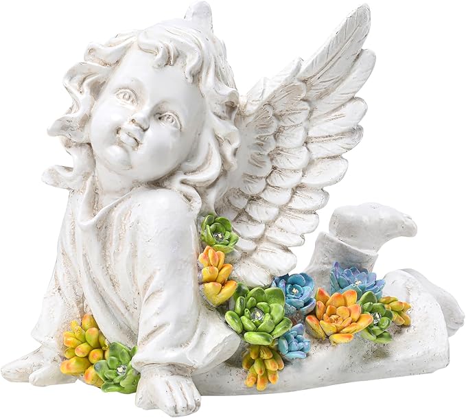 Solar Cherub Angel Outdoor Garden Decor Statues - 7 inches Baby Angel Figurines Outdoor Sculptures with Succulent, Garden Statues for Outside, Patio, Balcony, Lawn Ornaments or Housewarming Gift
