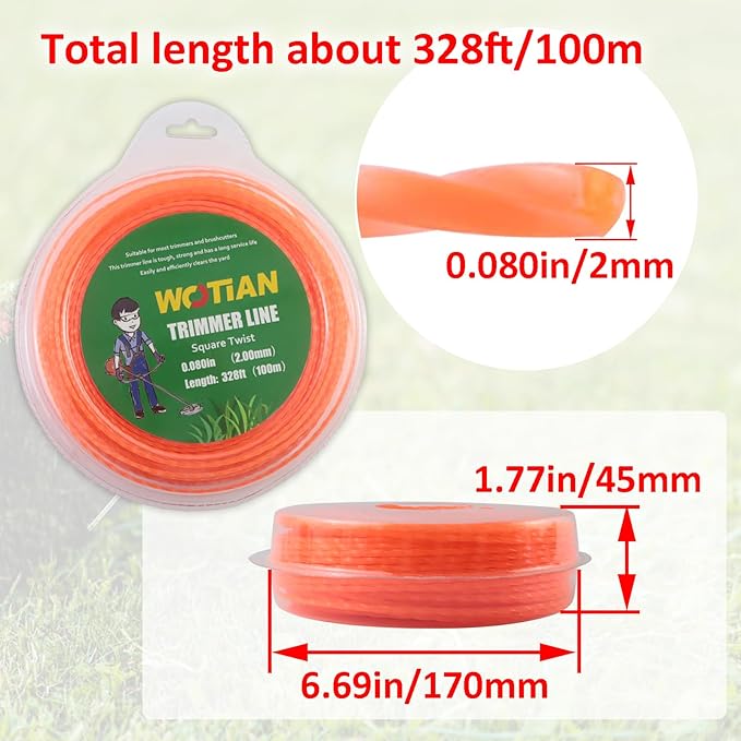 WOTIAN 080 Square Twisted Trimmer line 0.080-Inches Weed Eater String 328-Foot Square Twist Weed Wacker String of Nylon Compatible with Stihl Echo Universal Grass Cordless Electric Trimmer,Orange