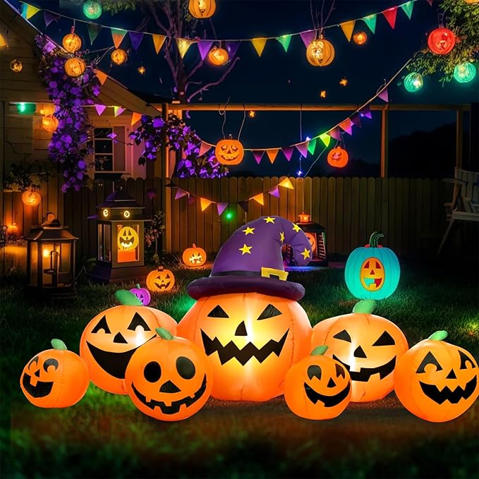 8FT Long Halloween Inflatables Pumpkin Outdoor Decorations, Halloween Blow Ups Inflatable Pumpkin for Yard, Garden, Lawn with Witch Hat and 7 LED Lights