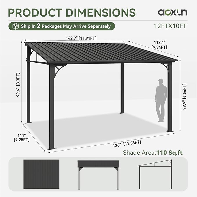 Aoxun 10' x 12' Lean to Gazebo, Hardtop Outdoor Pergola with Sloping Galvanized Steel Roof, Large Wall-Mounted Heavy Duty Awnings for Patio, Backyard, Deck, Porch (Black)
