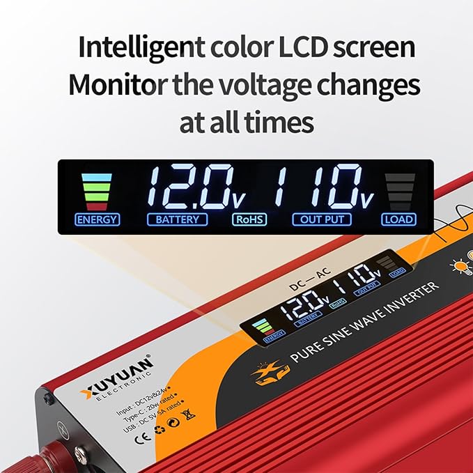 1000W Pure Sine Wave Inverter (2000W Peak), 12V/24V Auto-Detect, 50Hz/60Hz Switchable, LCD Display, Type-C Fast Charging, Silent Design, Overload & Overheat Protection for RV, Home (RED-1000W)