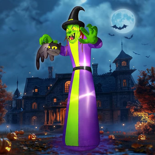 12FT Giant Halloween Inflatables Witch Outdoor Decorations, Huge Halloween Blow Up Spooky Witch Grabbing Black Cat Yard Decoration Built-in LEDs & Strong Blower Large Tall for Lawn Party