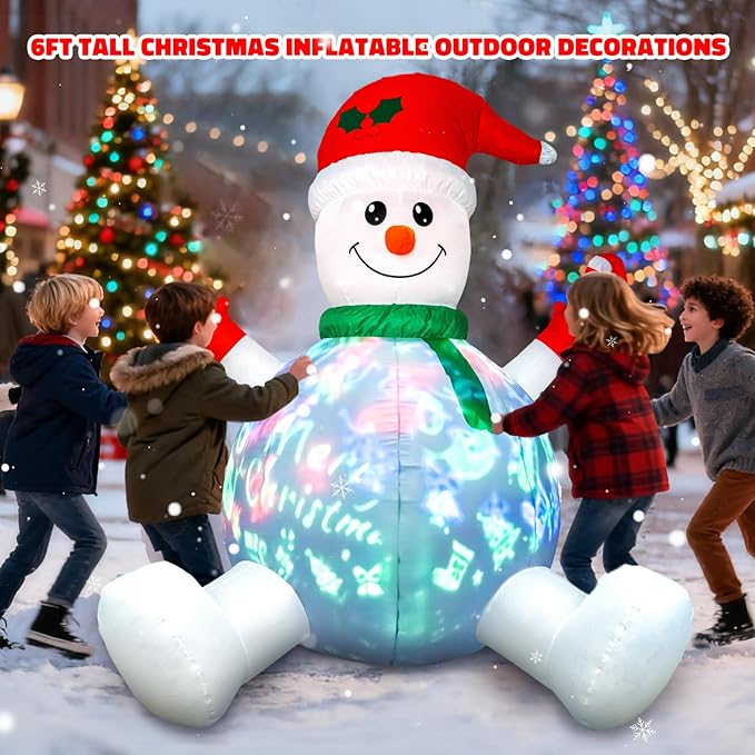 HFO 6ft Tall Christmas Inflatable Outdoor Decorations, Blow up Yard Decor with Christmas Snowman Sang Along with The Music Projection, Bright LED Lights Holiday Outdoor Decorations