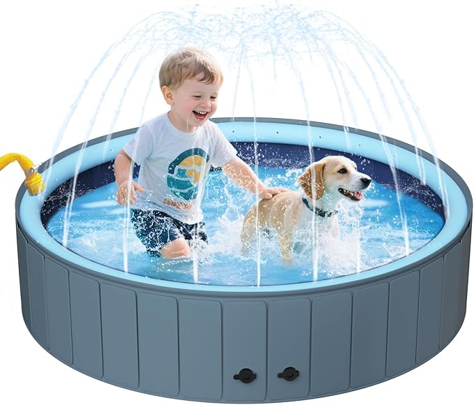UCCY 2-in-1 Foldable Dog Pool for Large Dogs Hard Plastic Splash Sprinkler Kiddie Swimming Pool Non-Slip Portable Dog Bathtubs Collapsible Multi-Use Whelping Box Ball Pit Duck Pond Grey L-48"x12"