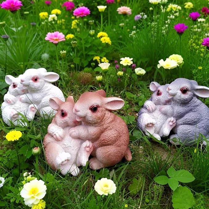 Garden Statues Bunny Decor Resin Hug Rabbit Figurine Cute Fairy Garden Decor Outdoor Statues for Patio Yard Porch Balcony Gifts for Women Mom Grandma Grey