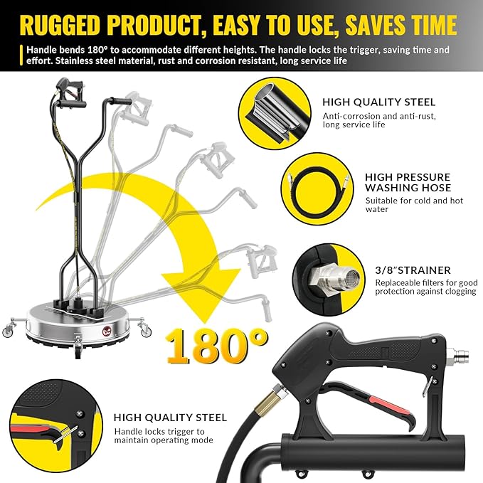 Doniks 20 Inch Pressure Washer Surface Cleaner with 4 Wheels,Dual Handle,Stainless Steel Housing,4500 PSI Power Washer Accessory for Concrete, Patio, Sidewalk, Deck, Driveways and Daily Washing