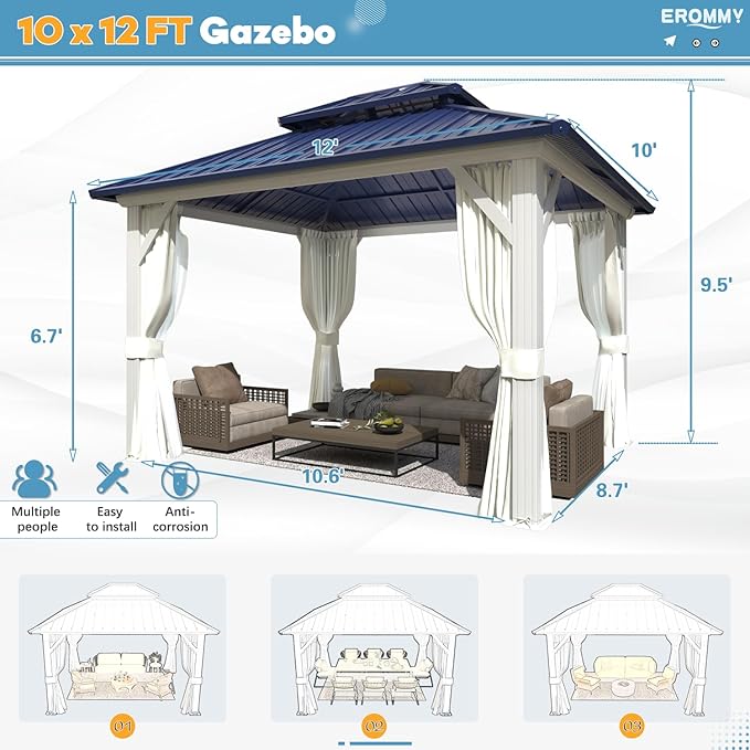 EROMMY 10'x12' Gazebo Hardtop, Galvanized Steel Double Roof Metal Gazebo with Aluminum Frame, Permanent Outdoor Pavilion with Curtain and Netting for Patio Lawn and Garden, Blue
