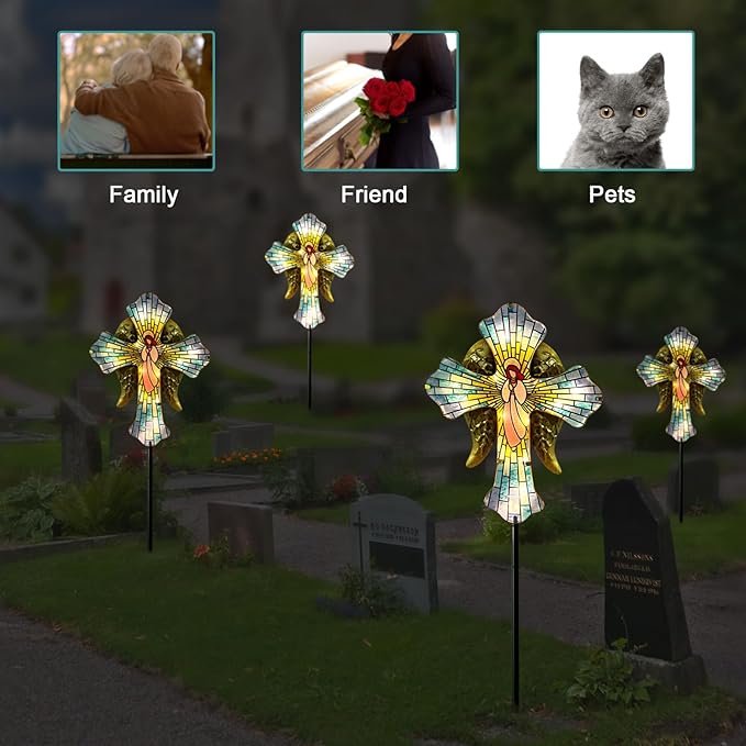 WAIU 33 Inch Solar Cross Garden Light Outdoor Decorative - Solar Acrylic Jesus and Metal Angel Wings Stake Light Waterproof Warm White LED for Remembrance Gifts & Sympathy Gifts.