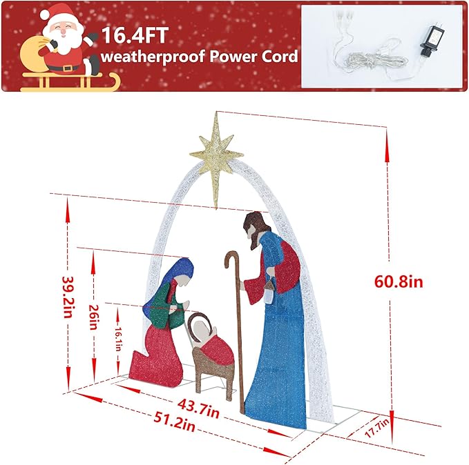 MUPATER 5ft Lighted Outdoor Christmas Decoration Nativity Scene, Lighted Christmas Yard Decor Nativity Set for Lawn and Home Holiday Party with Lights, Ground Stakes and Zip Ties, Multicolor
