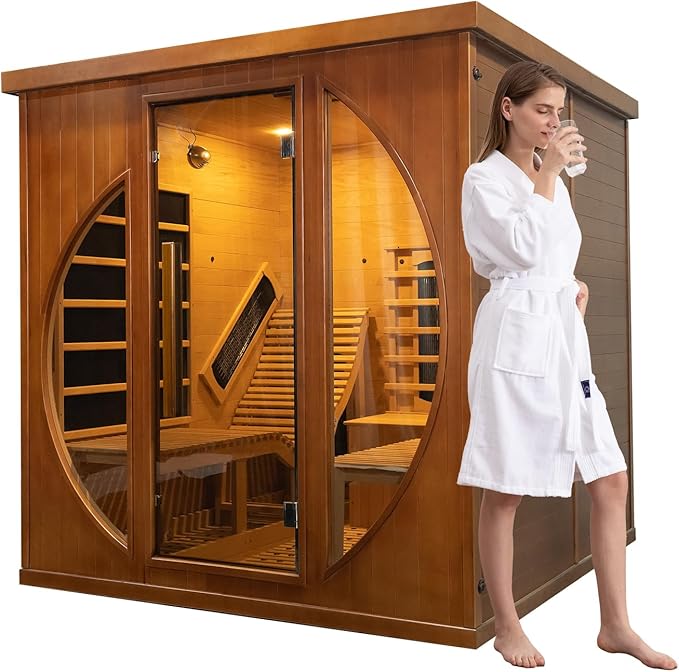 ZONEMEL Infrared 2 Person Wooden Sauna Room with Recliner, Red Cedar Luxury Indoor Sauna with 10 Heating Panels, Oxygen Bar, 3400 Watt, Full Spectrum Infrared Therapy Wood Dry Heat Sauna, 220V
