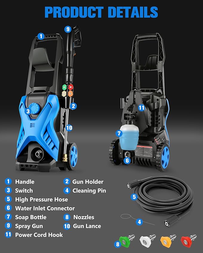 Electric Pressure Washer, 2.8 GPM High Power Washer Adjustable Pressure 2500PSI-5000PSI with 33FT Extension Hose, 4 Nozzles and Soap Bottle for Cars/Fences/Driveways