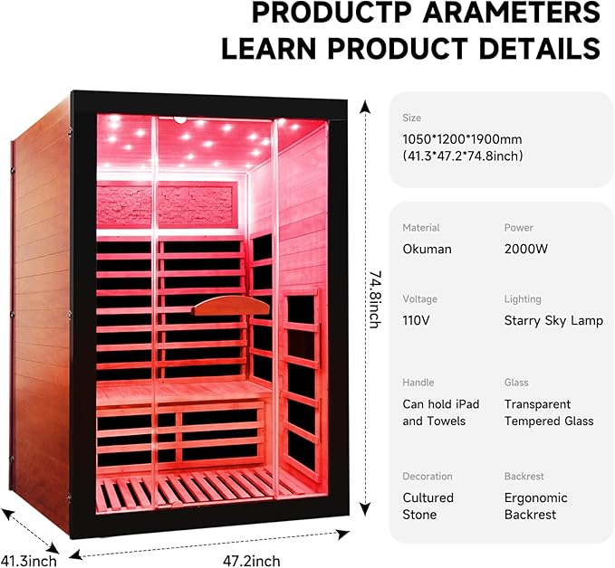Infrared Sauna 2000W Wooden Saunas Home Spa Room Wood Low-EMF Indoor Saunas with with 7 Color Starry Sky Ceiling Light for Two Person 74.8 * 47.2 * 41.3Inch