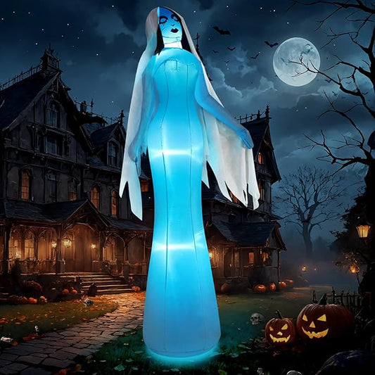 12FT Giant Halloween Inflatables Ghost Bride, Halloween Decorations Outdoor Blow Up Yard Decorations Built-in Whole-Body Blue Glowing LED Lights Huge Halloween Blowups for Outdoor Holiday
