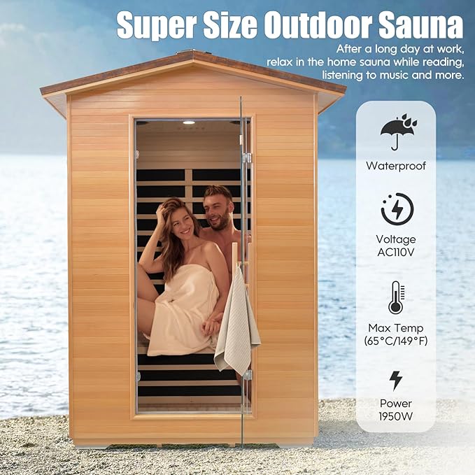 Far Infrared Sauna Home Sauna Outdoor Sauna for 2 Person, Dry Sauna with Low EMF 1950W,with Towel Rack and Cup Holder,Canadian Hemlock Wood