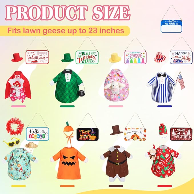 8 Set Seasonal Holiday Goose Outfits Hanging Signs Fall Halloween Christmas Porch Statue Outfits All Seasons Holiday 23" Goose Clothes Patio Lawn Outdoor Decors(Cool Style)