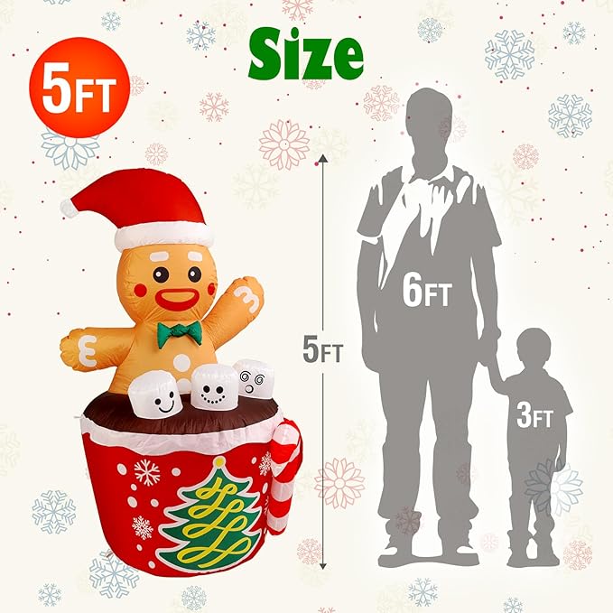 WBHome 5 Ft Christmas Inflatable Gingerbread Man in Cocoa Outdoor Decorations, Xmas Blow Up Yard Decor with Built-in LED Light for Lawn Home Party Indoor Outdoor
