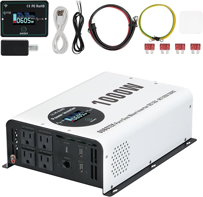 1000 Watts Power Inverter Peak Power 2000W Pure Sine Wave 12V DC to 120V AC RV Converter with Wireless Remote Control LCD Display 4 AC Outlets Dual USB Port Type C Off Grid Solar Inverter