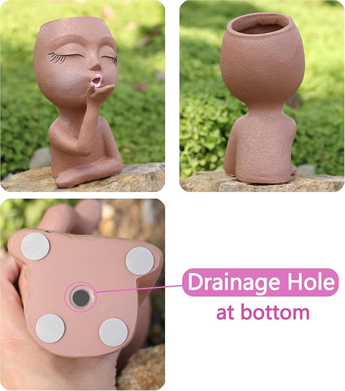 Smiley Face Flower Pot Head Planter for Indoor Outdoor Planter, Girl Statue Flower Pot, Cute Lady Plant Pot, Female Statue Vases with Faces,Succulent Garden Pot with Drainage, Brown