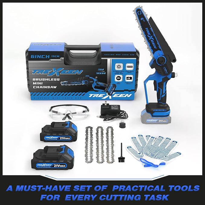 Mini Chainsaw, 6-Inch Electric Chainsaw Cordless, Upgraded 900W Brushless Portable Handheld Small Chain Saw with Auto Chain Regulator & Auto Oiler for Wood Cutting/TreeTrimming/Courtyard (Blue)