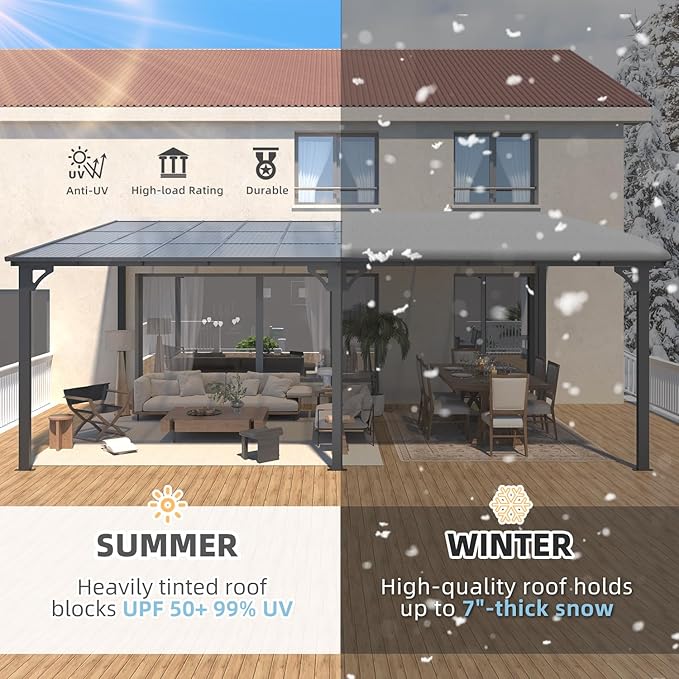 AECOJOY 24' x 10' Gazebo for Patio, Large Wall-Mounted Hard Top Lean-to Gazebo Pergola with Roof 10' x 24' on Clearance, Heavy Duty Patio Awnings for Decks, Backyard