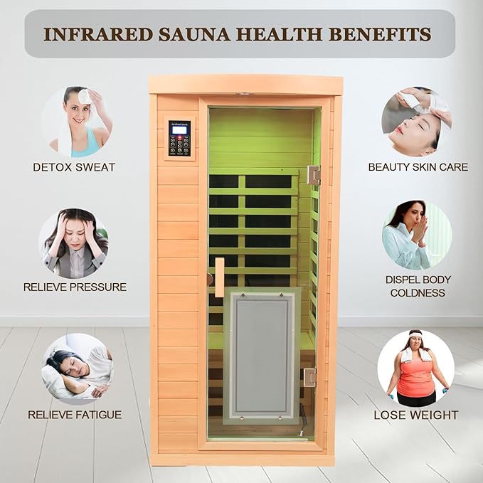 1 Person Low EMF FAR Infrared Sauna, Canadian Hemlock Home Saunas, 6 Heating Panels Personal Sauna Room,1460watt Indoor Saunas with LED Reading Lamp, LCD Display-Control, Bluetooth Speakers