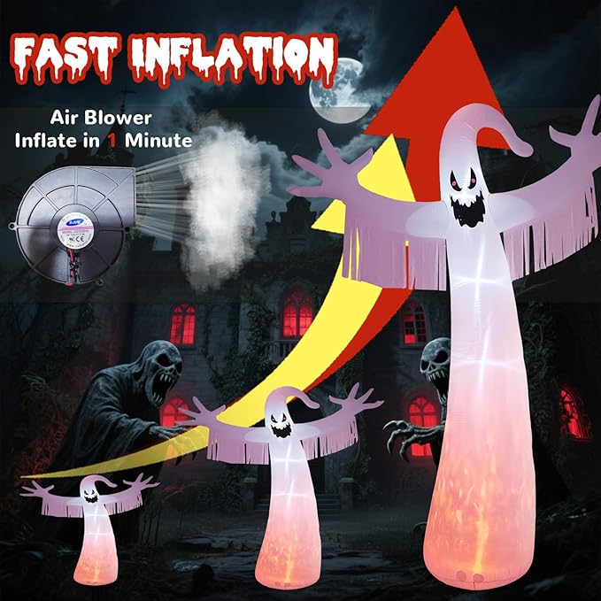 12FT Halloween Inflatables Outdoor Decorations: Inflatable Ghost with Fire Flame and Blinking Red Eyes, Blow up Decor for Yard Garden Lawn Home Holiday Party