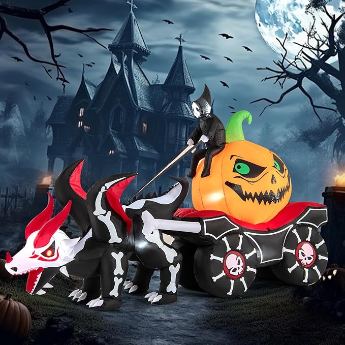 Goplus 9 FT Halloween Inflatable Outdoor Decoration, Blow up Grim Reaper Driving Pumpkin Carriage with Skeleton Dragon & Skull Wheels, Built-in LED Lights, Holiday Decorations for Garden, Yard & Lawn
