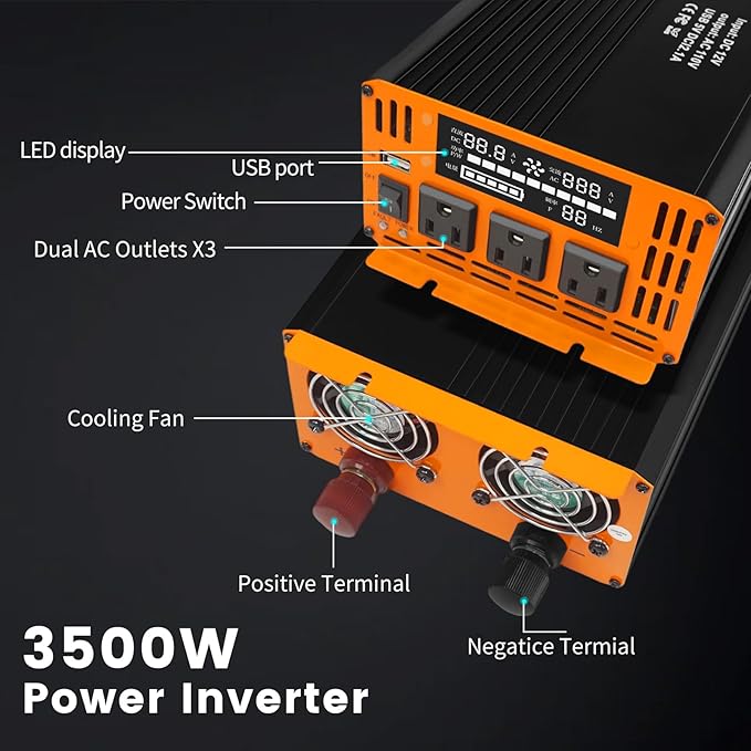 Car Power Inverter - 3500W Power Inverters 12V DC to AC 110V, Converter Solar Power Inverter 3 AC Hardwire Port Outlet for Home, RV, Truck, Off-Grid, Emergency