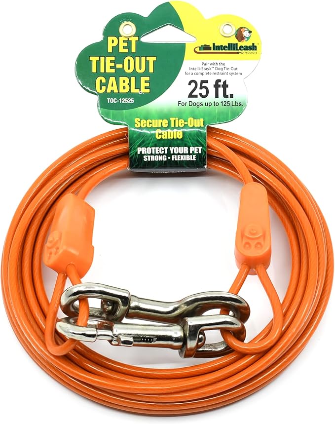 IntelliLeash 25FT Tie-Out Cables for Dogs - Strong, Safe, and Durable Dog Tie-Outs for Every Breed up to 125 Pounds - Weather and Wear Resistant Galvanized Aircraft Cable for Outside Use
