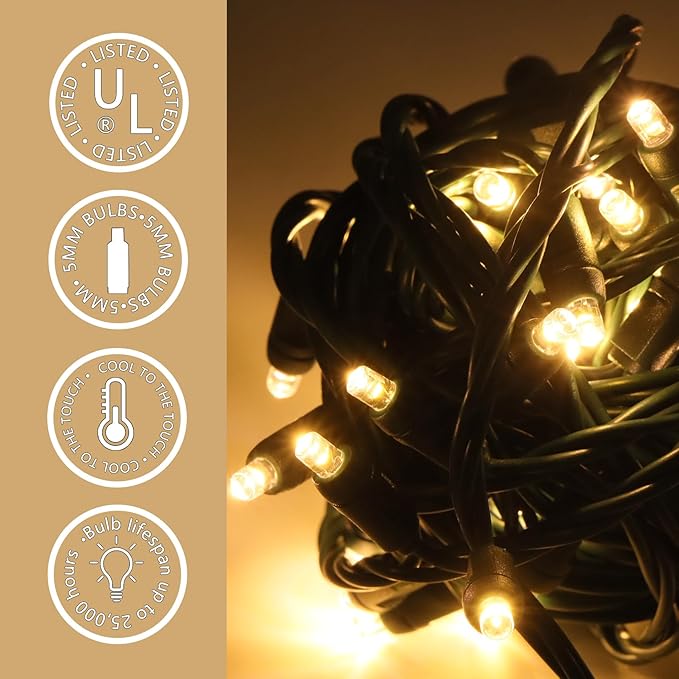 100 LED 5MM Warm White Christmas Lights, 33FT Indoor/Outdoor String Light, Mini Lights for Garden, Patio, Christmas Trees - Green Wire, Commercial Grade, UL Listed