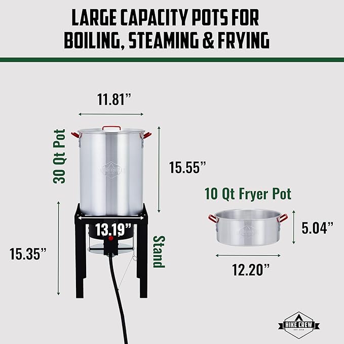 Hike Crew 50,000 BTU Outdoor Propane Turkey Fryer Kit with igniter and Stainless-steel funnel – Complete Kit Includes 30qt and 10qt pots ant strainer baskets , 12-Inch and 5-inch thermometers rack and