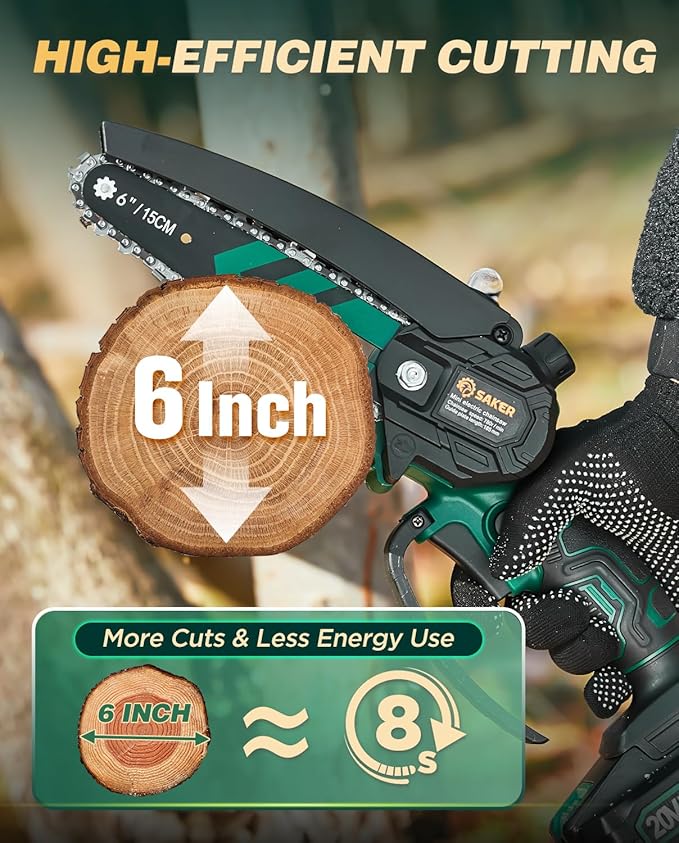 Saker Mini Chainsaw with Auto Oiler|6 Inch Chainsaws[2025 Upgraded]|Mini Cordless Electric Chain Saw|Small Handheld Portable Chainsaw Battery Powered for Tree Trimmer and Garden 1 Battery+2 Chains