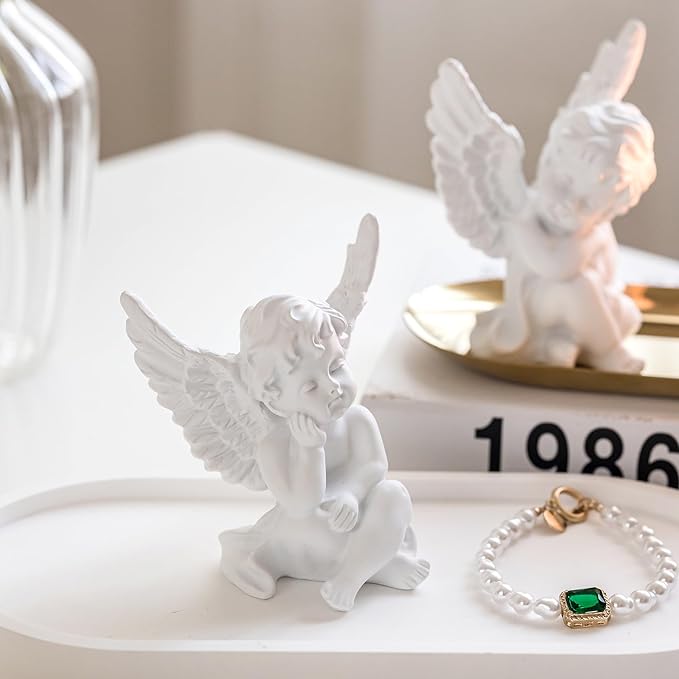 YUEOECOR 2PCS Cherubs Angels Resin Garden Statue Figurine, Adorable Angel Sculpture Memorial Statue Indoor Outdoor Home Garden Decoration (B 2PCS White)